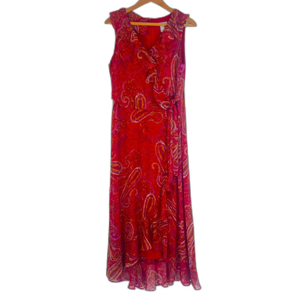 London Times Sleeveless Maxi Dress Bold Red Paisley Print Ruffled Boho Size 10 - Picture 15 of 15
